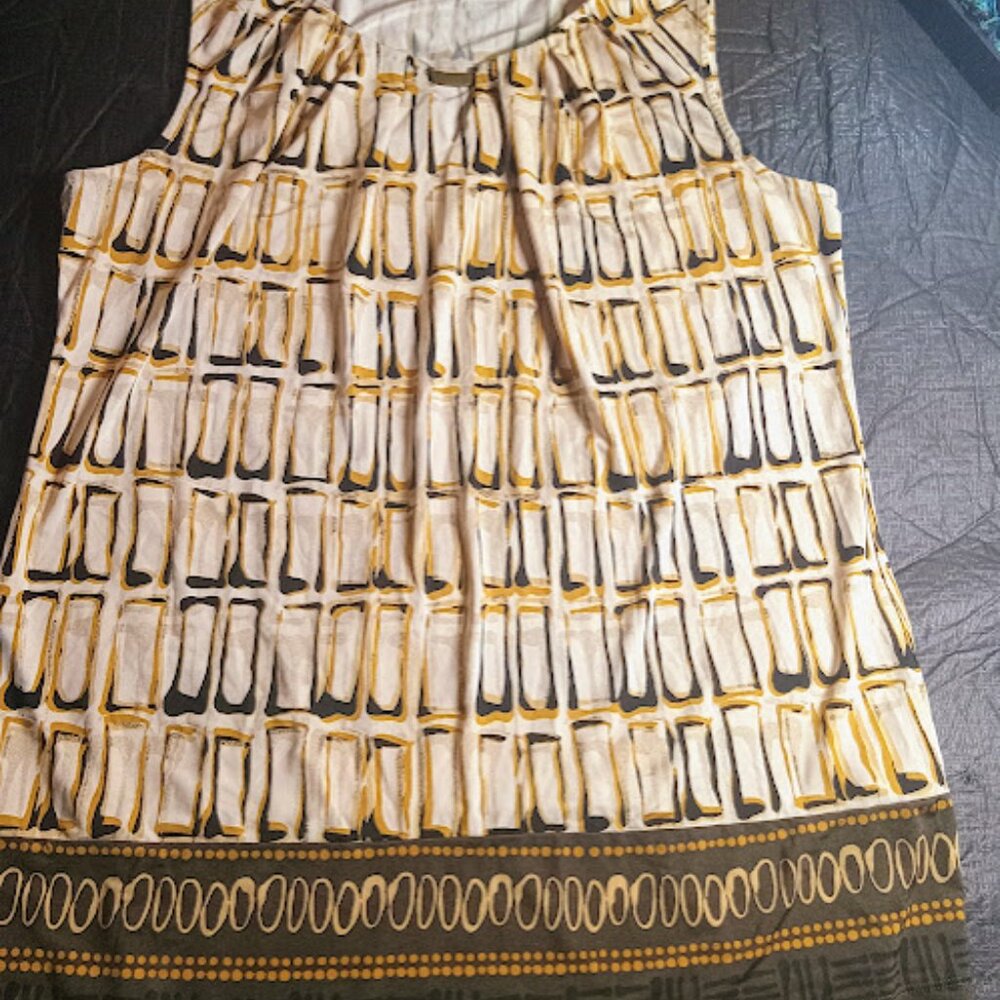 large Dana Buchman sleeveless tunic blouse festival boho gold black white